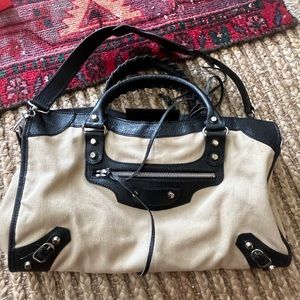 SOLD Balenciaga city bag with natural cloth/canvas body